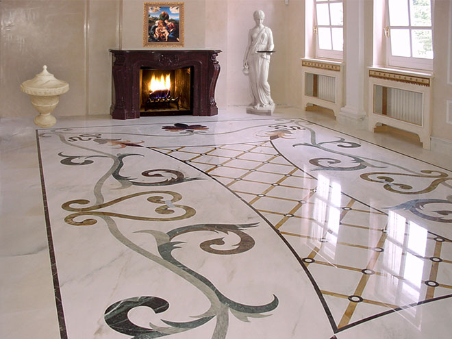 Pavimento intarsiato, caminetto, vaso e scultura